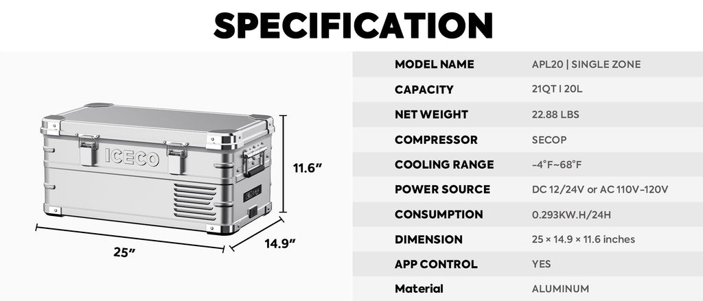 APL20 Light Duty Aluminum Freezer Single Zone | ICECO 20L Portable Freezer | Camping & Travel